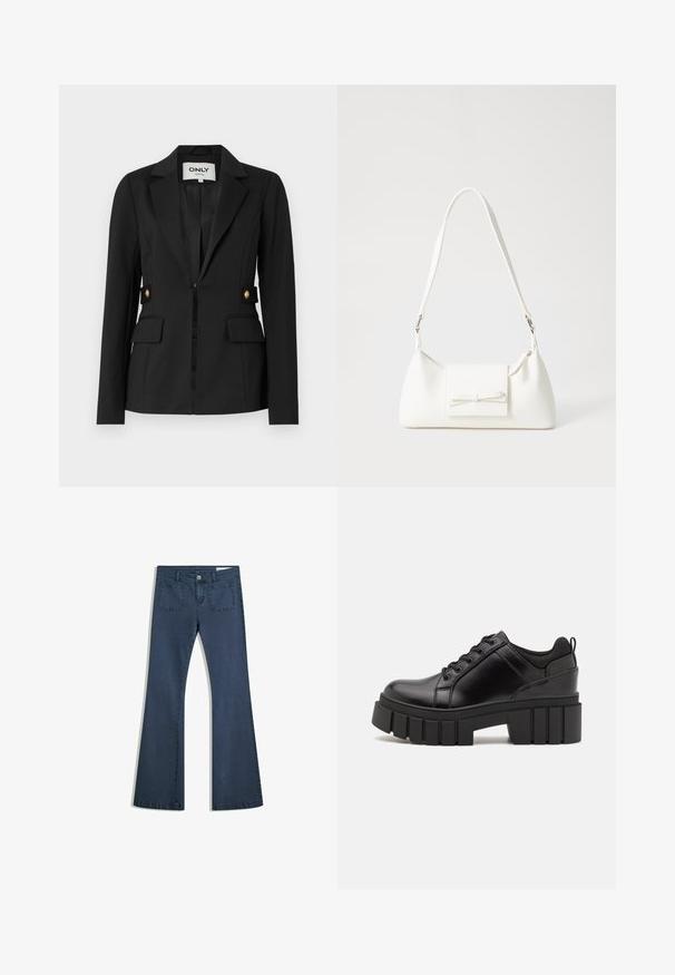 Blazer nero realizzato in tessuto elasticizzato, con colletto a punte, due tasche frontali e dettagli con bottoni dorati sui lati.; Maglietta bianca con testo nero che promuove un evento musicale, con le scritte "Accesso Esclusivo", "Concerti Rock Indie" e "Esperienza Musicale da Superstar".; Jeans in denim blu scuro a fiala con tasche cucite, chiusura con bottone e una texture liscia. Presenta un classico design a cinque tasche.; Scarpe platform in pelle nera con tacco a blocco robusto, punta rotonda e design tradizionale con lacci. Presentano una superficie liscia e dettagli minimi.; Borsa sintetica bianca a forma triangolare, con patta anteriore piatta e dettaglio a fiocco, tracolla regolabile, texture liscia e design minimalista.