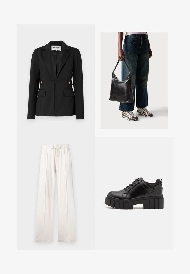Svart blazer laget av stretchstoff, med slagkrage, to frontlommer og gullknappdetaljer på sidene.; Hvit bomulls t-skjorte med et fargerikt sommerfugltrykk på venstre bryst. Korte ermer og en avslappet passform.; Lyse beige joggebukser laget av mykt stoff, med snor i livet, vide ben og vertikale sømmer, med en jevn tekstur.; Svarte lærplattformsko med kraftig blokkhell, rund tå og tradisjonell snøring. Har en jevn tekstur og minimal detaljering.; Sort skinnveske med en glatt tekstur og justerbar stropp, kombinert med falmede vide jeans og atletiske sneakers.