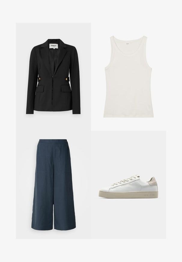 Juodasis švarkas, pagamintas iš elastingos medžiagos, su išpjovimu apykakle, dviem priekinėmis kišenėmis ir auksiniais mygtukų akcentais šonuose.; Balta medvilnės marškinėliai be rankovių su plačiu kaklu ir plonomis petnešėlėmis. Lygus paviršius be matomų raštų ar papuošimų.; Platų kojų kelnės tamsiai mėlynos spalvos, pagamintos iš lengvos medžiagos. Turtinga šiek tiek tekstūruota paviršiaus, elastinga juosmens juosta ir priekiniai siūlai.; Balti odiniai sportbačiai su lygiu paviršiumi, šviesiai rudos suede akcentais, apvalia nosimi, plokščiu raištelių užsegimu ir tekstūruotu guma pagamintu padu.