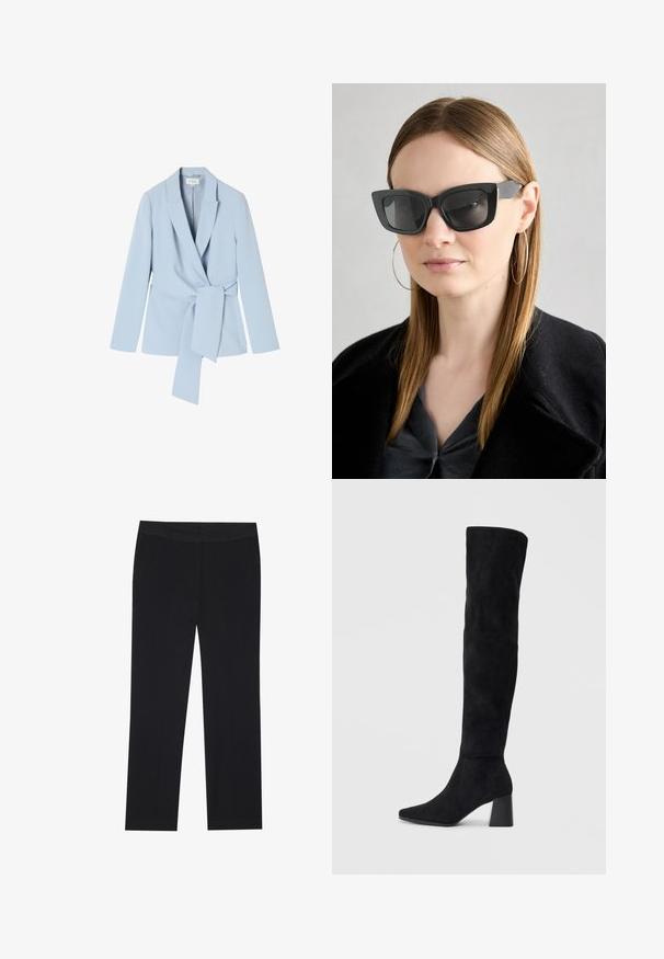 Šviesiai mėlynas švarkas, pagamintas iš lygaus audinio, su šalikiniu apykaklės dizainu, ilgomis rankovėmis ir surišama juosmens detale, suteikiančia aptemptą išvaizdą.; Juodas ilgomis rankovėmis viršus, su surinkta medžiaga priekyje ir ant riešų, pagamintas iš minkštos, elastingos medžiagos, su laivagalio kaklu.; Juodos kelnės su tiesiu kirpimu, turinčios šonines kišenes ir lygią audinio tekstūrą. Minimaliai detalizuotos, švarus liemuo.; Juoda zomšinė kelio ilgio batai su blokuotu kulnu, smailiu nosiu ir lygiu, be siūlių dizainu ant paprastos šviesios fono.; Juodos katės akies saulės akiniai su tamsiais objektyvais, storo rėmo ir subtiliais akcentais. Dėvimi su juodu paltu ir pilku viršumi, turinčiu ilgus tiesius plaukus.