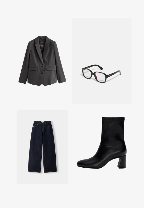 Tummanharmaata bleiseriä, yksirivinen, jossa on viistot läpät, kaksi etutaskua, kaksi mustaa nappia ja sileä kangas. Vuorattu sisus.; Vaaleanruskea farkkupaita pitkillä hihoilla, teräväkauluksella, kahdella etutaskulla ja hopeanvärisillä napitusneuloilla. Ominaisuuksiin kuuluvat rento istuvuus ja kestävä rakenne.; Tummansiniset farkut, joissa on leveät lahkeet ja korkea vyötärö, viisi taskua, kontrastiväriset saumat ja hopeiset metalliosat. Sileä pinta ja siisti viimeistely.; Musta nilkkuri, joka on valmistettu sileästä nahasta. Varustettu neliömäisellä kärjellä, joustavalla yläpäällä ja paksulla korolla vakauden vuoksi. Minimalistinen muotoilu.; Mustat suorakulmaiset lasit kirkkailla linsseillä, pyöristettyjen reunojen ja sivu-akseleiden kanssa, kiiltävällä viimeistelyllä kehykset ja varsissa.; Mustalla nahka hobo-laukku, jossa on pehmeä, kaareva muoto. Varustettu leveällä yläkahvalla ja poimuilla pohjassa, mikä antaa rennon tekstuurin.