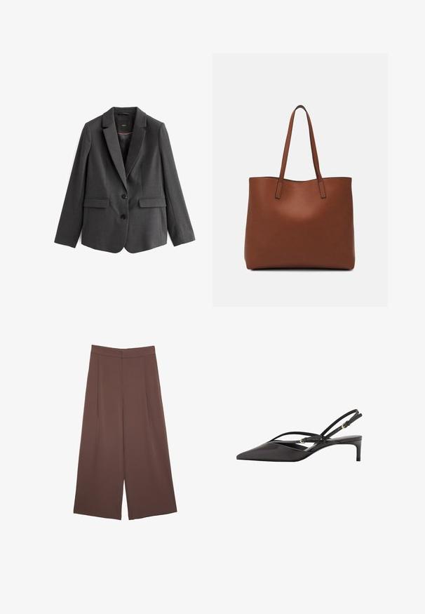 Blazer grigio scuro, monopetto, con rever a punta, due tasche frontali, due bottoni neri e tessuto a trama liscia. Interno foderato.; Top corto grigio scuro con scollatura a barca. Realizzato in tessuto a costine, presenta una vestibilità rilassata e un orlo pulito. Design semplice, senza motivi.; Pantaloni ampi marroni con una texture liscia, caratterizzati da una vita alta e pieghe frontali. Il tessuto è leggero e scorre liberamente.; Pump slingback nera in pelle con punta affusolata, sottili cinturini alla caviglia e tacco a stiletto basso. Texture liscia con design minimalista.; Borsa tote in pelle marrone con texture liscia, design con apertura superiore e due spallacci. Presenta cuciture minime e nessun hardware visibile.