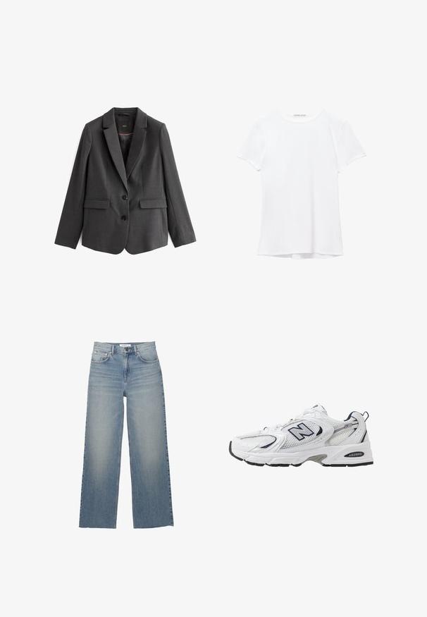 Tmavosivý blazer, jednoradový, s klopami, dvoma prednými vreckami, dvoma čiernymi gombíkmi a hladkým textúrovaným materiálom. Podšité vnútro.; Biela tričká s krátkym rukávom vyrobené z hladkej tkaniny, s okrúhlym výstrihom a jemnými švami na leme.; Svetlomodré nohavice s širokými nohavicami vyrobené z denimu, s vysokým pásom, prednými vreckami a zapínaním na gombík. Hladká textúra s vyblednutými oblasťami.; Biele športové topánky s priedušným vrchným materiálom, námorníckymi akcentmi a polstrovanou podrážkou. Obsahujú logo "N", šnúrky a textúrovaný detail na boku.