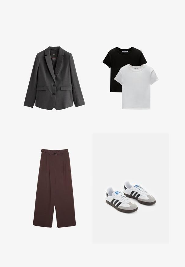 Tummanharmaata bleiseriä, yksirivinen, jossa on viistot läpät, kaksi etutaskua, kaksi mustaa nappia ja sileä kangas. Vuorattu sisus.; Kaksi crew-neck t-paitaa mustana ja valkoisena, valmistettu puuvillasta. Ne sisältävät lyhyet hihat ja yksivärisen muotoilun ilman kuvioita tai korostuksia.; Stradivarius WIDE-LEG WITH BUCKLE DETAIL - Housut - dark brown; Urheilukengät, joissa on valkoinen nahkainen päällinen, harmaa mokkanokka ja kolme mustaa raitaa. Ominaisuuksina sininen logo kielekkeessä ja kuvioitu kumipohja.