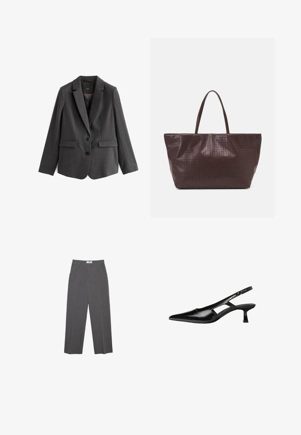 Czarnoszary żakiet, jednorzędowy, z wyłogami, dwoma przednimi kieszeniami, dwoma czarnymi guzikami i gładką teksturą materiału. Podszewka wewnętrzna.; Biała koszulka z krótkim rękawem, wykonana z bawełny. Posiada okrągły dekolt i luźny krój. Gładka faktura bez widocznych wzorów czy akcentów.; Szare spodnie proste wykonane z teksturowanej tkaniny, z średnim stanem, szlufkami na pasek i kieszeniami po bokach. Brak widocznych wzorów lub akcentów.; Czarne lakierowane czółenka na odkrytej pięcie z wąskim noskiem, z wykrojem po bokach i małym kwadratowym obcasem. Gładka faktura z minimalnymi akcentami.; Brązowa pleciona torba na ramię ze skórzanym wykończeniem, z dwoma uchwytami, o usztywnionym kształcie i teksturowanej powierzchni, z charakterystycznym wzorem w diamenty.
