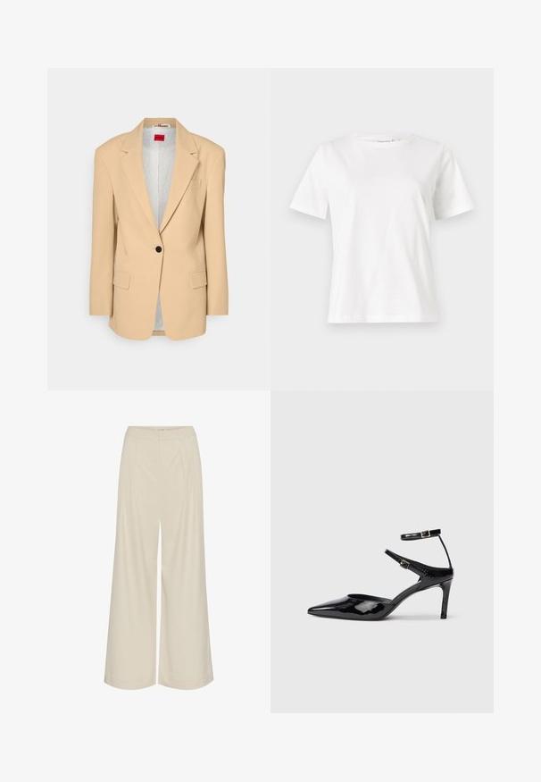 HUGO AGURA - Īss mētelis - open beige; Baltas kokvilnas T-krekls ar īsām piedurknēm, apaļu kakla izgriezumu un brīvu piegriezumu. Gluda tekstūra, bez rakstiem vai akcentiem, minimālistisks dizains.; Platas kājas bikses no gaiši bežā auduma, ar kaliem, augstu jostasvietu un gludu tekstūru bez redzamām rotājumiem.; Melnas lakuotas ādas apavus ar smailu purngalu, regulējamiem potīšu siksniņām un šahtu papēdi. Gluda tekstūra ar spīdīgu apdari.