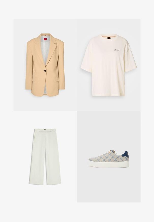 HUGO AGURA - Korte frakker - open beige; Hvid oversized T-shirt lavet af blødt stof, med rund hals og korte ærmer, prydet med et lille sort "Boss" logo på forsiden.; Bredde bukser i lys cremefarvet stof, med sidelommer, flad front og en enkelt knaplukning i taljen. Glat tekstur.; JOOP! MAZZOLINO NEW DAPHNE - Sneakers - blue