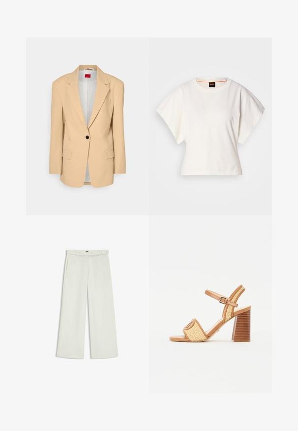 HUGO AGURA - Halflange jas - open beige; Witte gecropte T-shirt, korte brede mouwen, zachte katoenmaterialen, ronde halslijn met subtiele oranje rand, minimalistisch ontwerp, geen patronen of graphics.; Wijde broek in licht crèmekleurige stof, met zijzakken, een platte voorkant en een enkele knoopsluiting bij de taille. Glad van textuur.; Bruine leren en geweven rieten sandalen met hak, voorzien van een enkelbandje, open teen en een chunky houten hak met horizontale strepen.