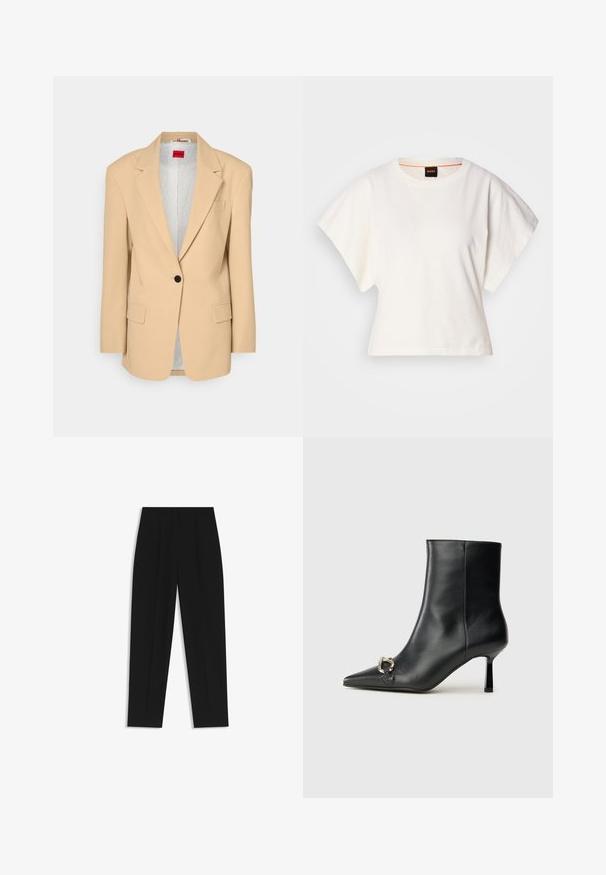 HUGO AGURA - Abrigo corto - open beige; Camiseta blanca recortada, con mangas cortas y anchas, material de algodón suave, cuello redondo con un sutil ribete naranja, diseño minimalista, sin patrones ni gráficos.; Pantalones negros de corte recto, con doble pinza, textura suave y un diseño de cinturilla clásica. Sin hardware o acentos visibles.; Botín negro de cuero hasta el tobillo con punta afilada, tacón delgado de altura media y detalle de hebilla plateada en el lateral, sobre un fondo liso.