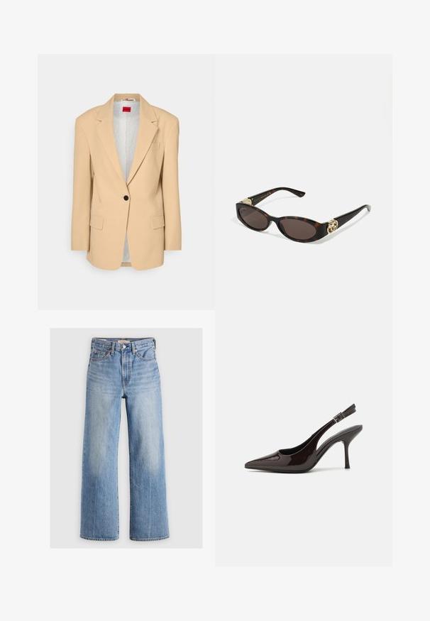 HUGO AGURA - Kurzmantel - open beige; Weiße Spaghettiträgerbluse mit V-Ausschnitt und zarter Spitzenborte, dünnen verstellbaren Trägern und einem weichen, glatten Stoff.; Helleblaue Jeans mit weitem Bein und hoher Taille, mit ausgewaschenen Stellen, fünf Taschen und Kontrastnähten. Klassische Knopf- und Reißverschlussöffnung.; Slingback-Pumps aus glänzendem dunklen braunen Lackleder, mit spitzer Zehenpartie, offenen Seiten und verstellbarem Knöchelriemen.; Schildpatt-Sonnenbrille mit länglich-ovalen Gläsern, braunem Farbton, goldenen Logo-Akzenten an den Bügeln und schlanken schwarzen Bügeln.; Goldwirbel-Ohrringe mit klarem Verschluss, die über texturierte Goldakzente und kleine, klare Edelsteine im Design verfügen.