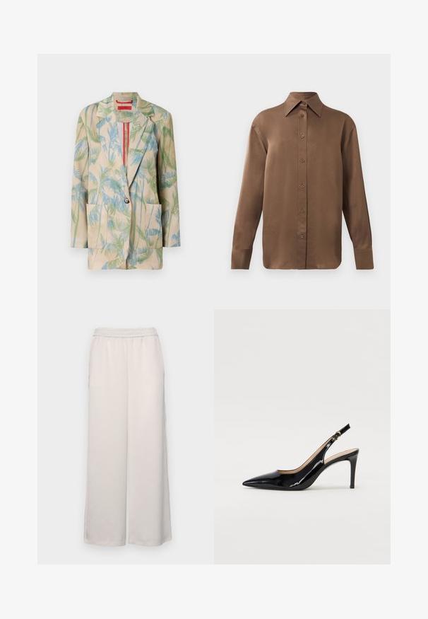 Lagani bež sako s uzorkom palminog lišća u zelenoj i plavoj boji, zatvoren s jednim dugmetom i s dva prednja dzepa. Podstavljen s crvenim naglaskom.; Smeđa košulja s dugim rukavima, s gumbima i šiljastim ovratnikom i manžetama, prikazana na jednostavnoj bijeloj pozadini.; Svijetlosmeđi široki hlače s elastičnim pojasom. Glatka tkanina, punih dužina, bez vidljivih ukrasa ili uzoraka.; Crne lakirane slingback cipele s oštrim vrhom, uskim potpeticama i suptilnim izrezom. Sadrže zlatnu kopču na traku.