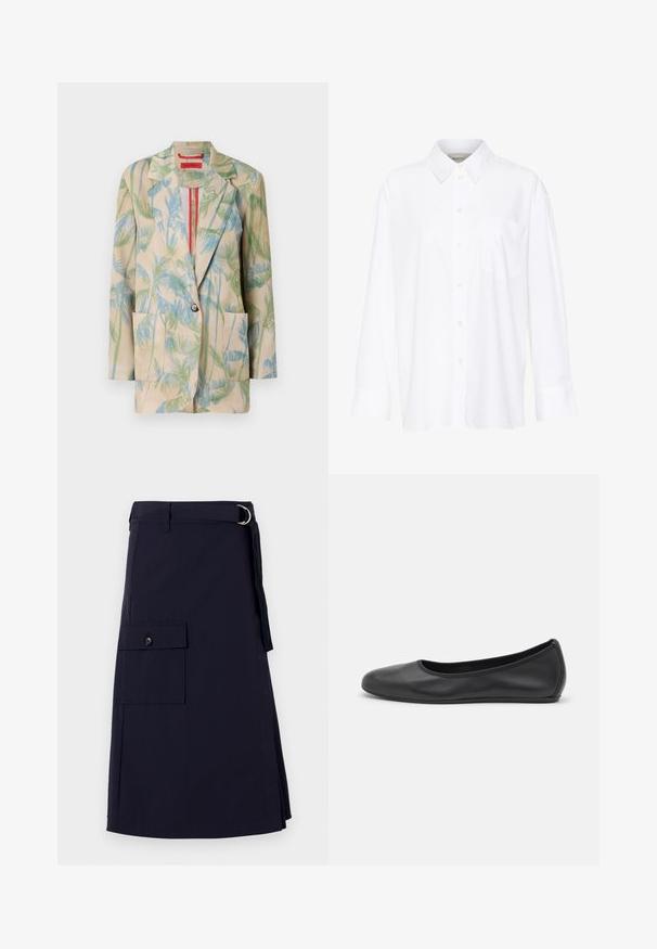 Sacou bej ușor, cu un model de frunze de palmier verzi și albastre, cu închidere cu un singur nasture și două buzunare frontale. Captusit cu un accent roșu.; Cămașă albă cu mânecă lungă și guler, fabricată din bumbac. Are un închidere cu băta pe față și un singur buzunar pe piept. Textură netedă, croială lejeră.; Fustă albastru închis cu un design structurat, având o buzunar cargo lateral și un accent de curea cu inel D din metal. Fabricată dintr-un material durabil.; Balerini din piele neagră, cu vârf rotund, textură netedă, detalii de cusătură minimale și un design al tălpii flexibil.