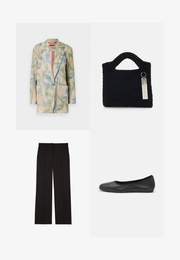 Lichtgewicht beige blazer met groene en blauwe palmbladpatronen, éénknops sluiting en twee voorkruiszakken. Voering met een rode accent.; Witte lange mouwen overhemd met kraag van katoen. Voorzien van een knoopsluiting aan de voorkant en een enkele borstzak. Een gladde textuur en een ontspannen pasvorm.; Zwarte op maat gemaakte broek van een gladde stof, met een rechte pijp en twee zijzakken. Elegante en minimalistische constructie.; Zwarte leren ballerina met een ronde neus, gladde textuur, minimale stikdetails en een flexibele zoolontwerp.; Won Hundred MARSIELLE COMPUTER BAG UNISEX - Laptoptas - black