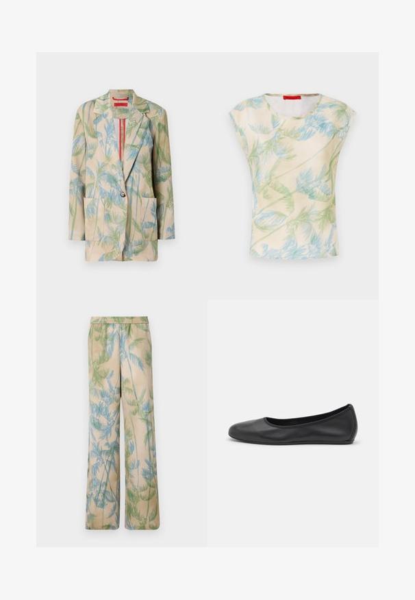 Blazer ligero beige con patrones de hojas de palma en verde y azul, cierre de un solo botón y dos bolsillos frontales. Forrado con un acento rojo.; Top de manga corta en tejido ligero con fondo crema y un patrón de hojas de palma en verde y azul. Cuello redondo, corte relajado.; Pantalones de corte holgado y livianos en beige con estampados de hojas de palmera en verde y azul, con cintura elástica y piernas anchas.; Bailarina de piel negra con punta redondeada, textura suave, detalle de costura minimalista y diseño de suela flexible.