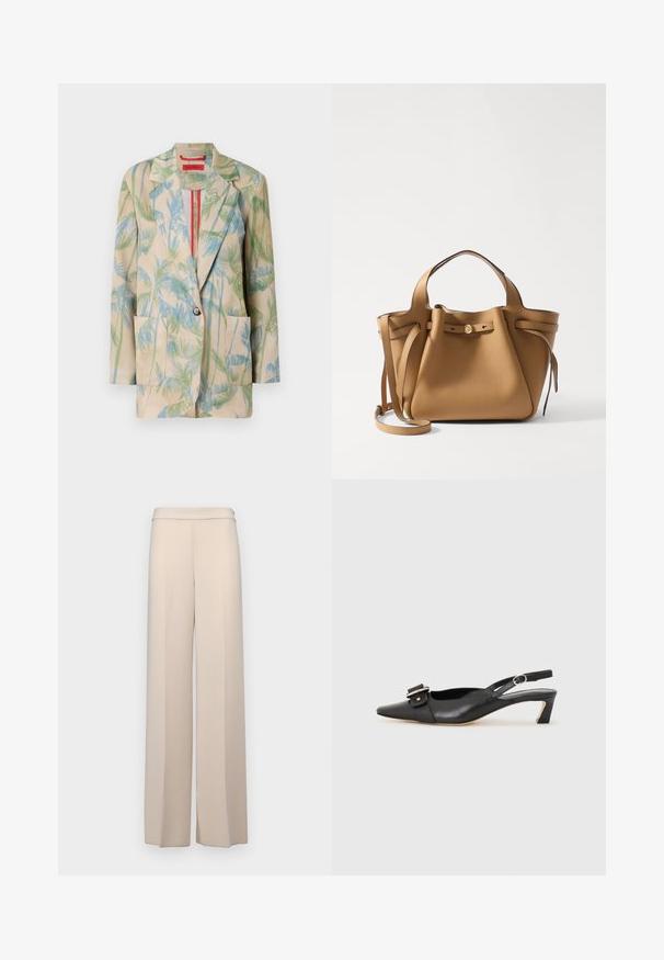 Ľahký béžový blazer s vzorom palmových listov v zelenej a modrej farbe, s jedným gombíkom na zapínanie a dvoma prednými vreckami. Podšité červeným akcentom.; Hnedé šaty bez ramienok vyrobené z hladkej látky, s širokým dekoltom a bezrukávovým dizajnom, s rovnými líniami a čistým lemom.; Béžové nohavice s širokými nohavicami z hladkej tkaniny, s vysokým pásom a jemnými prednými skladmi. Bez vreciek alebo viditeľných horských detailov.; Čierne kožené sandále s úzkym prstom, malým opätkom a dekoratívnou sponou na vrchnej časti. Hladká textúra, minimalistický dizajn.; Tory Burch ROMY PEBBLED SATCHEL - Kabelka - tiramisu