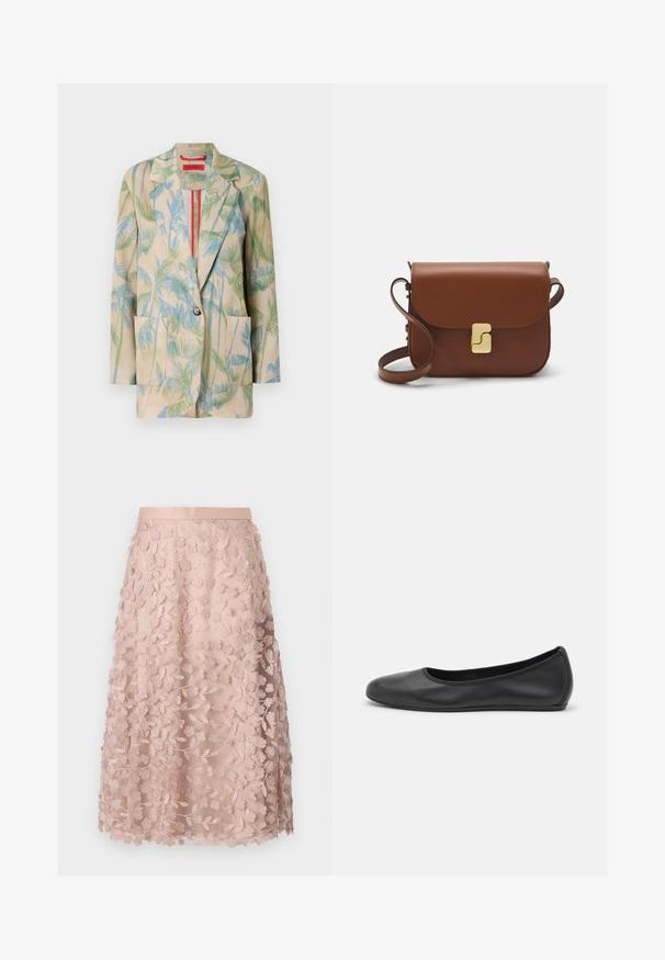 Leichtgewichtiger beigefarbener Blazer mit grünen und blauen Palmblatt-Mustern, Ein-Knopf-Verschluss und zwei vorderen Taschen. Futter mit roten Akzenten.; Weißes kurzärmliges T-Shirt aus geripptem Stoff. Runder Halsausschnitt, normale Passform und dezente Nähte. Keine Muster oder Grafiken.; Spitzen-Midirock in sanftem Rosa mit floralen Stickereien, ausgelegt mit einem figurbetonten Bund und einem geschichteten Design, das eine zarte Textur betont.; Schwarze Leder-Ballettschuhe mit abgerundeter Spitze, glatter Textur, minimalen Nähdetails und einem flexiblen Sohlen-Design.; Braune Ledertasche mit Klappenverschluss, Beschlägen in Goldfarbe, einem Schultergurt und einer glatten Oberfläche. Kompakte rechteckige Form.