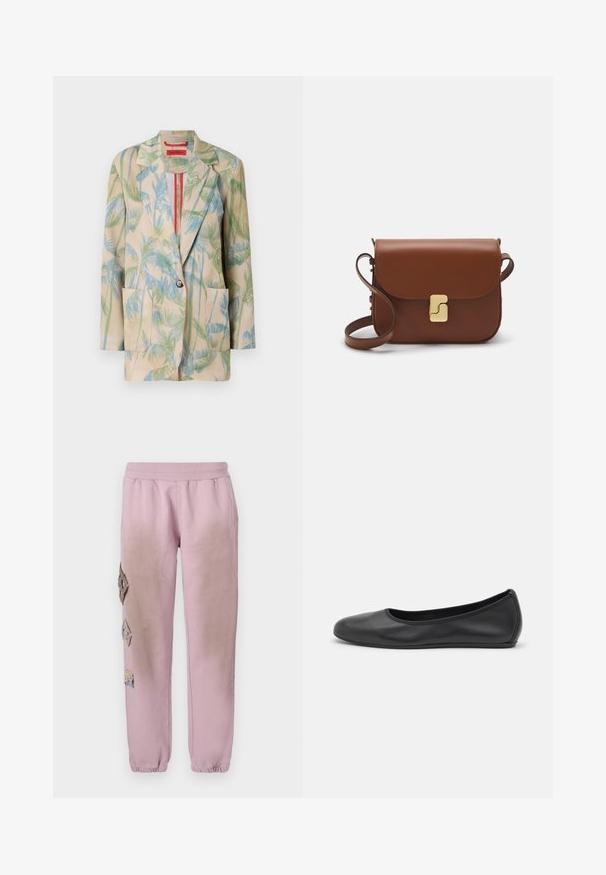 Viegls beidzis gaiši brūns žakets ar zaļām un zilām palmu lapu rakstiem, vienu pogu aizdari un divām priekšējām kabatām. Iekšpuse izšūta ar sarkanu akcentu.; Balta īsām piedurknēm T-krekls, izgatavots no ribota auduma. Apaļš izgriezums, regulāra piegriezuma un diskrēti šuvumu detaļas. Bez printiem vai grafikām.; Rozā sporta bikses ar elastīgu jostu, kurām labajā pusē ir dekoratīvi uzliktni dimanta formā un elastīgas apkakles pie potītēm.; Melna ādas baleta kurpe ar noapaļotu purngalu, gludu tekstūru, minimālu šuvju detalizāciju un elastīgu zoles dizainu.; Bordo ādas rokas soma ar atloku, zeltītām detaļām, plecu siksnu un gludu virsmu. Kompakta, taisnstūrveida forma.