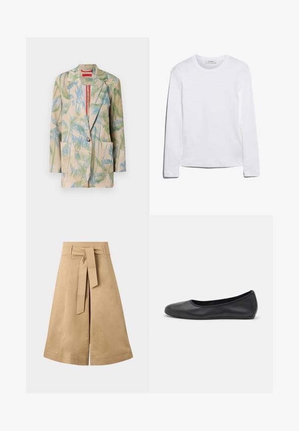 Blazer beige léger avec des motifs de feuilles de palmier verts et bleus, fermeture à un bouton et deux poches avant. Doublé d'une bordure rouge.; T-shirt blanc à manches longues en coton côtelé, avec un col rond et un ourlet droit. Design simple sans motifs ni accents.; Jupe midi en khaki avec une ceinture à nouer, fabriquée en coton léger, présentant une silhouette évasée et des détails de couture visibles.; Ballerines en cuir noir avec un bout rond, texture lisse, détails de couture minimalistes et design de semelle flexible.