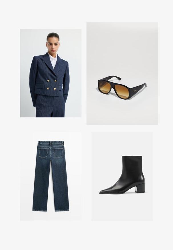 Žena stojí s rukama za zády v námořnickém pruhovaném dvouřadém zkráceném blejzru se zlatými knoflíky a odpovídajících kalhotách.; Bílá košile na knoflíky s vertikálními světlými šedými pruhy, s rozloženým límcem, dlouhými rukávy a volným střihem. Vyrobena z lehké látky.; Tmavě modré džíny se rovný střih, přední dvě zadní kapsy a viditelné švy podél švů a okrajů.; Černá kožená kotníková bota s špičatou špičkou, hladkým povrchem a středním blokovým podpatkem. Minimalistický design, zapínání na zip na zadní straně.; Černé obdélníkové sluneční brýle s hnědými gradientními skly. Vyrobeny z plastu, mají hladký povrch a jemné zlaté logo na ramínku.