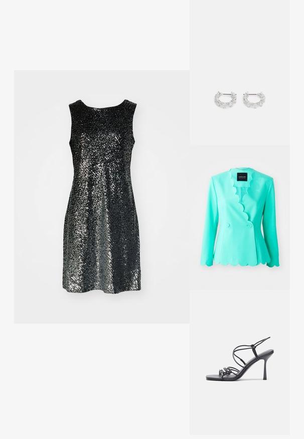 Turquoise blazer met golfrand kraag, getailleerde pasvorm, dubbele knoopsluiting, lange mouwen en een gladde stofstructuur.; Zwart mouwloos jurkje bedekt met kleine pailletjes, wat een glinsterend effect creëert. Eenvoudige ronde halslijn en A-lijn silhouet.; Zwarte hoge hakken sandaaltjes hebben dunne banden met een geknoopt ontwerp, een gladde vierkante neus en een elegante stiletto-hak.; Gouden handtas met een ingewikkelde beaded textuur, driehoekig logo accent en een metalen kettingriem. Rechthoekige vorm, slank ontwerp.; Zilveren oorbellen met ringen, versierd met heldere, rechthoekige en driehoekige kristallen die in een patroon zijn gerangschikt. Met gevest voor een veilige bevestiging.
