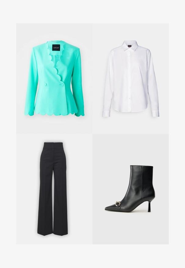 Türkiissinine bleiser, lainelise kraega, kohandatud lõikega, topelt nupuga kinnitusega, pikad varrukad ja sile tekstuur.; Valge pika varrukaga nööbiga särk, mis on valmistatud puuvillast. Omab klassikalist kraed ja diskreetset brändi tikandit rinnal. Sile tekstuur.; Mustad püksid mustast kangast kõrge vöökohaga, millel on puhas viimistlus ja sile tekstuur. Ei mingit nähtavat riistvara ega mustreid.; Must mustanvärvi nahast pahklinetopp, millel on terav nina, peen keskmise kõrgusega konts ja hõbedane keha detail külgedel, taustal lihtne taust.