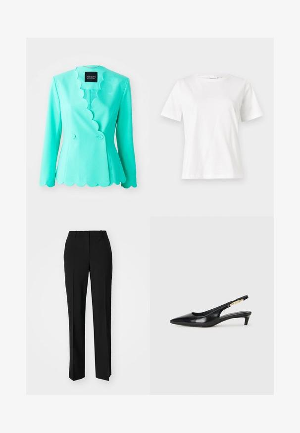 Turquoise blazer with scalloped collar, tailored fit, double-button closure, long sleeves, and smooth fabric texture.; White cotton t-shirt with short sleeves, round neckline, and a relaxed fit. Smooth texture, no patterns or accents, minimalistic design.; Black tailored trousers with a straight-leg design, featuring a smooth texture and crisp creases along the front. No visible hardware.; Black leather slingback heels with a pointed toe, featuring a slim heel and a gold-tone accent on the adjustable strap. Smooth texture.