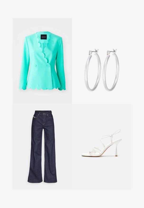 Tyrkysový blazer s vlnitým límcem, přiléhavý střih, dvojité zapínání, dlouhé rukávy a hladký textilní povrch.; Asymetrický bílý top na ramínko s jedním ramínkem, vyrobený z hladkého materiálu, s přiléhavým střihem a čistými okraji.; Tmavě modré džíny s širokým střihem vyrobené z denimové tkaniny, s vysokým pasem, oranžovým prošíváním, pěti kapsami a zapínáním na knoflík.; Bílé sandály na vysokém podpatku s tenkým páskem kolem kotníku, plochou špičkou, texturovaným předním dílem s nařasenými detaily.; Stříbrné kruhové náušnice s hladkým, lesklým povrchem. Kulatý tvar a bezpečné zapínání na klip. Lehký design vhodný pro každodenní nošení.