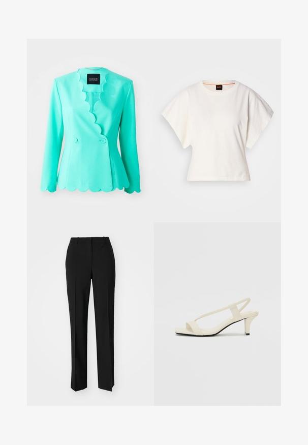 Turquoise blazer with scalloped collar, tailored fit, double-button closure, long sleeves, and smooth fabric texture.; White cropped T-shirt, short wide sleeves, soft cotton material, round neckline with subtle orange trim, minimal design, no patterns or graphics.; Black tailored trousers with a straight-leg design, featuring a smooth texture and crisp creases along the front. No visible hardware.; Beige block-heeled sandals with thin straps and a square toe. Smooth material with minimal detailing, designed for easy wear.