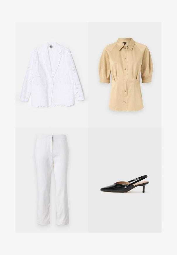 Bílý blazer s květinovým krajkovým designem, s jedním knoflíkem, se špicatými klopami, dvěma předními kapsami a detailem vlnkového lemování.; Béžová košile na knoflíky s krátkými nabíranými rukávy, rozhaleným límečkem a švy. Vyrobena z hladkého materiálu s předním zapínáním na knoflíky.; Bílé bavlněné kalhoty s rovnou nohavicou, s středně vysokým pasem a bez viditelných kovových prvků nebo vzorů. Hladká textura po celém povrchu.; Černé lakované slingback lodičky se špičatou špičkou, malým podpatkem a výřezovým designem na svršku. Zlaté kovové detaily na straně.