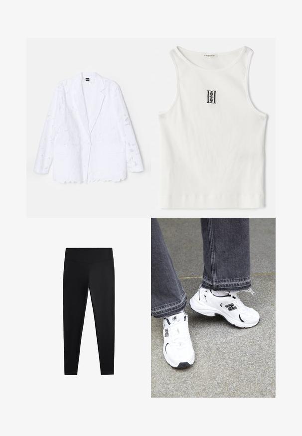 Blazer bianco con design in pizzo floreale, chiusura con un bottone, rever a punta, due tasche frontali e dettaglio a scallop sul bordo.; Canotta bianca a costine con un logo ricamato nero centrato sul petto. Il colletto e le aperture delle braccia sono rifiniti con un sottile bordino.; Leggings neri realizzati in tessuto liscio e elasticizzato. Presentano una cintura larga e un design a gamba affusolata, adatti per un abbigliamento sia attivo che casual.; Sneakers New Balance bianchi presentano una parte superiore in mesh e sintetico con accenti neri. Indossati con jeans grigi con orlo sfilacciato su una superficie testurizzata.