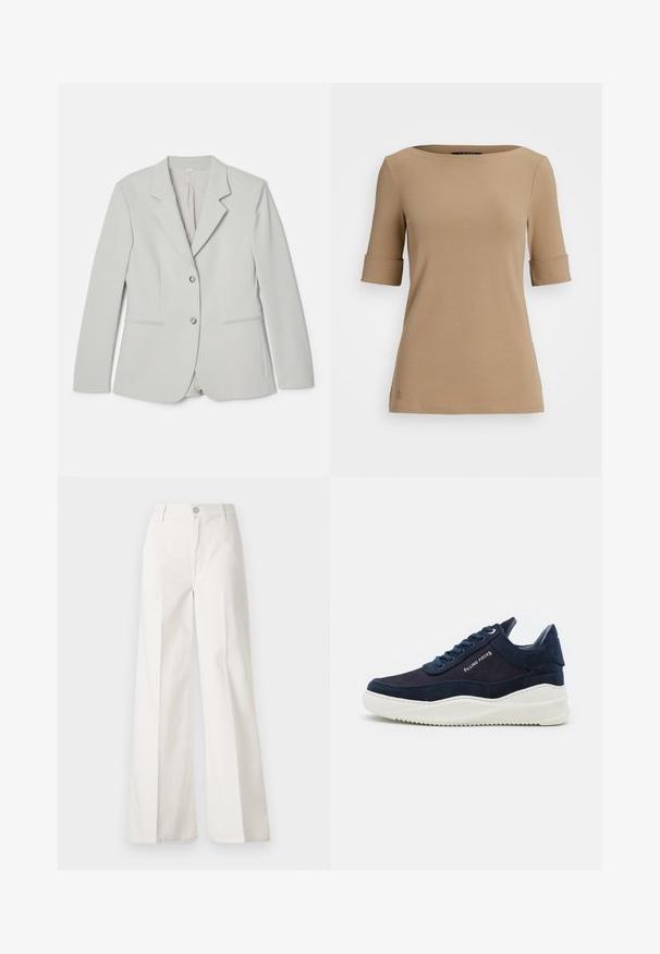 Világosszürke blézer sima anyagból, amelyet hajtogatott gallér, két gombos elülső záródás és két elülső zseb finom részletezése jellemez.; Beige színű, rövid ujjú felső, kerek nyakkivágással, felgöngyölt ujjak és sima textúra jellemzi. Kis logó részlet az alján.; Fehér, bővebb nadrág, amely pamutból készült, sima textúrával. Elöl gombbal, cipzáras záródással és négy zsebes kialakítással rendelkezik.; Sötét tengerészkék velúr sportcipő fehér gumi talppal, lekerekített orral és fűzős kialakítással. Az oldalon logó részlet és textúrált díszítések találhatóak.