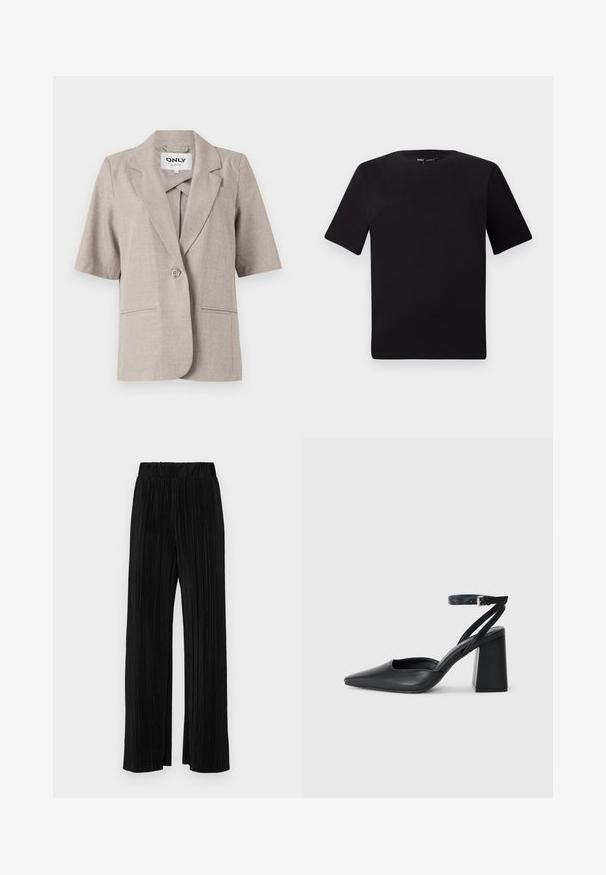 Beige blazer s krátkým rukávem vyrobený z texturované látky, s jedním knoflíkem, dvěma předními kapsami a klopami.; Černé tričko s krátkým rukávem a kulatým výstřihem, vyrobené z měkké bavlněné látky. Jednoduchý design, žádné viditelné logo nebo vzory.; Černé plisované kalhoty s elastickým pasem. Mají široké nohavice a hladkou, strukturovanou tkaninu s vertikálními pruhy.; Černé kožené lodičky se špičatou špičkou, kotníkovým páskem a silným podpatkem. Hladká textura, elegantní design a minimalistická estetika.