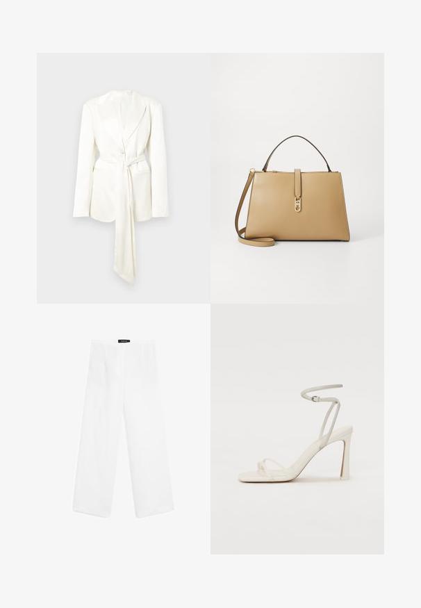 Vit skräddarsydd kavaj med enkel knappstängning, långa ärmar och matchande bältesdetalj. Mjukt, matt tyg utan synliga mönster.; Brun kortärmad t-shirt i mjukt tyg, med rund halsringning och avslappnad passform. Inga synliga mönster eller detaljer.; Vita linnebyxor med vida ben och en mjuk textur, med midjehöjd och två framfickor, samt en enkel design.; Vit klacksandal med en smal ankelrem och två framremmar. Slät lädertextur med fyrkantig tå och en glänsande klack.; Tommy Hilfiger LIBRE SATCHEL - Handväska - safari