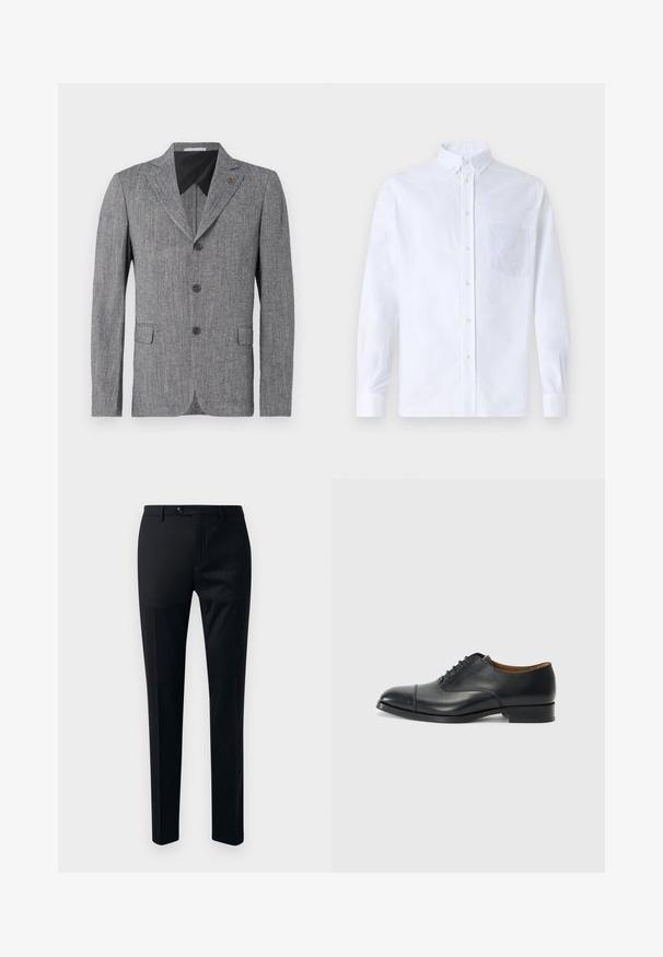 Szürkeblék, textúrázott anyagból készült, két gombos záródással, kihajtott gallérral és oldalsó zsebekkel. Fekete bélés.; Fehér, hosszú ujjú, gombos ing pamutból, mellzsebbel, tónusos hímzéssel, gallérral és gombos mandzsettával.; Fekete öltöny nadrág sima anyagból, szűkített szárú fazonban, egysoros gombos záródással és oldalsó zsebekkel a praktikum érdekében.; Fekete bőr dress cipő sima felülettel, lekerekített orral, öt fűzőlyukkal és alacsony blokksarkal. Minimalista dizájn, finom varrásokkal.