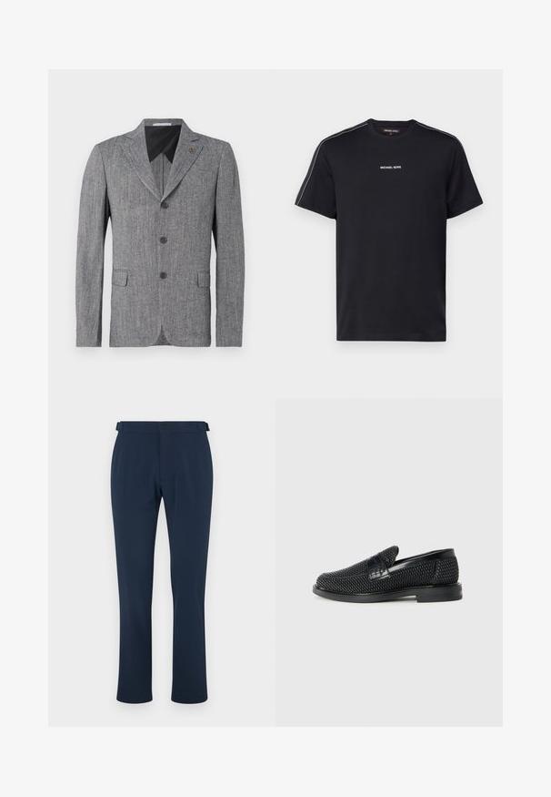 Gray blazer made from textured fabric, featuring a two-button closure, notched lapels, and side pockets. Black inner lining.; Black cotton t-shirt featuring short sleeves, a crew neck, and white "MICHAEL KORS" text on the chest with contrasting side stripes.; Navy trousers made of smooth fabric, featuring a straight leg design, belt loops, and a single button closure. Minimalist style with no patterns.; Black woven slip-on shoe with a smooth leather accent on the upper, a round toe design, and a low-profile rubber sole.