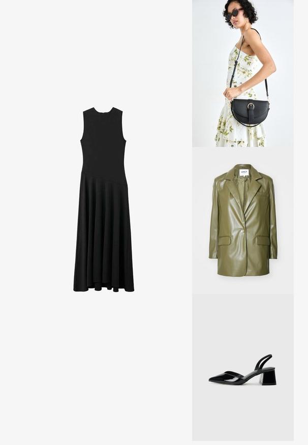 Oliven grøn faux læder blazer med notched revers, enkelt knaplukning, to frontlommer og en slank, glat tekstur.; Sort ærmeløs maxikjole med tætsiddende bærestykke og udvidet nederdel, der har en glat tekstur og minimalistisk design, uden synlige lukninger.; Sorte patentlæder slingback hæle med spids tå og en geometrisk blok hæl. Har et elegant, minimalistisk design og en glat tekstur.; Sort læderhåndtaske med en buet form, aftagelig rem og guldfinish. Tasken har en klap med en spænde detalje.