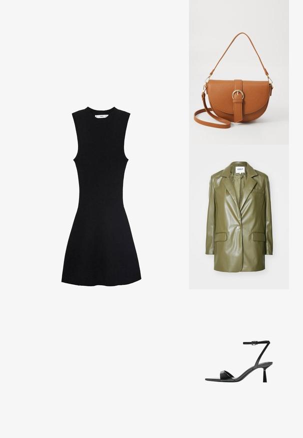 Olijfgroene faux leren blazer met een revers, enkele knoopsluiting, twee voorkruiszakken en een slanke, gladde textuur.; Zwarte mouwloze gebreide jurk met een getailleerde top en een uitlopende rok. De stof lijkt glad met een subtiele geribbelde textuur.; Bershka Sandalen met hoge hak - black; Bruine leren schoudertas met een gebogen vorm, gouden hardware en een gespaccent. Bevat een afneembare schouderriem.