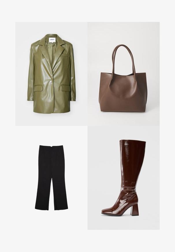 Oliven grøn faux læder blazer med notched revers, enkelt knaplukning, to frontlommer og en slank, glat tekstur.; Hvid kabelstrikket sweater med lange ærmer, rund halsudskæring og ribbet struktur. Den korte længde tilføjer et moderne præg.; Sorte bukser med lige pasform, der har frontlommer og slidser i kanten. Lavet af blødt, glat stof. Velegnet til forskellige anledninger.; Knæhøje brune patentlæderstøvler med firkantet tå, glansfuld finish og en kraftig hæl for stabilitet. Sømløs design uden synligt hardware.; Brun læder tote taske med to lange håndtag, struktureret form, glat tekstur og minimalistisk design. Ingen synligt hardware eller accenter.