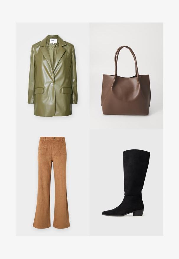 Bledozelené sako z imitácie kože s klopovým golierom, jedným gombíkom na zapínanie, dvoma prednými vreckami a elegantnou, hladkou textúrou.; Hnedý, dlhý rukáv, rebrovaný top s okrúhlym výstrihom. Vyrobený z hladkého, elastického materiálu, s priliehavým strihom a minimálnym zdobením.; Hnedé zamkové nohavice s rozšíreným strihom, vysokým pásom, prednými a zadnými vreckami a hladkou textúrou. Navrhnuté pre voľný strih po celej dĺžke nohavíc.; Čierne semišové čižmy po kolená s nízkym blokovým podpätkom a špicatou špičkou, zobrazené v bočnom pohľade na jednoduchom svetlošedom pozadí.; Hnedá kožená taška s dvoma dlhými uchami, štruktúrovaný tvar, hladká textura a minimalistický dizajn. Bez viditeľného hardvéru alebo akcentov.