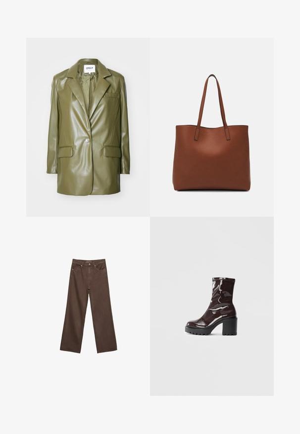 Olive zelena blazera iz umetnega usnja z notched ovratnikom, enojnim gumbom, dvema sprednjima žepoma in elegantno, gladko teksturo.; Rjava kratka majica s kratkimi rokavi iz mehkega materiala, s krožnim izrezom in ohlapnim krojem. Brez vidnih vzorcev ali dodatkov.; Široke rjave kavbojke iz denima, ki imajo visok pas, sprednje žepe in klasično zapiranje na gumb. Gladka tekstura s subtilnim šivom.; Sijajan škrlatank z bleščečim videzom, z masivnim črnim peto, ki se ponaša z gladko teksturo in preprostim dizajnom. Brez vidnih zapenjal ali vzorcev.; Rjava usnjena torba z gladko teksturo, odprto zasnovo zgoraj in dvema naramnima trakovoma. Opremljena je z minimalnim šivanjem in brez vidnih kovinskih delov.