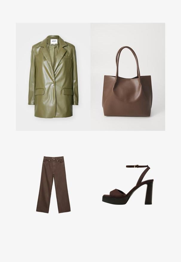 Oliivivihreä tekonahkablazeri, jossa on viillotettu kaulus, yksinkertainen napitus, kaksi etutaskua ja tyylikäs, sileä pinta.; Kahvinsävyinen lyhythihainen t-paita, joka on valmistettu pehmeästä kankaasta. Pyöreä pääntie ja rento malli. Ei näkyviä kuvioita tai koristeita.; Leviittävät ruskeat farkut, jotka on valmistettu denimistä, korkea vyötärö, etutaskut ja klassinen nappikiinnitys. Silkkinen pinta hienovaraisella ompelutyöllä.; Ruske kožne sandale s visokom potpeticom, otvorenim prstima, podesivim kopčanjem oko gležnja i prugastim platformskim đonom.; Ruskea nahkatote-laukku, jossa on kaksi pitkää kahvaa, ryhdikäs muoto, sileä pinta ja minimalismi. Ei näkyvää metalliosaa tai koristeita.