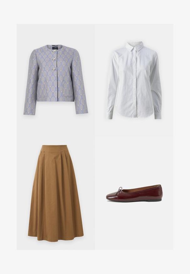 Jaqueta curta em lavanda clara com um padrão floral dourado. Apresenta um decote redondo, quatro botões metálicos e dois bolsos frontais.; Camisa branca de botão feita de algodão suave, com colarinho clássico, mangas longas e bainha curva. Os botões são pequenos e brancos.; Saia A-line de algodão castanho com cintura alta, apresentando pregas na parte da frente e uma textura suave. As bordas da bainha são limpas e simples.; Bailarinas em couro sintético borgonha com bico redondo, pequeno laço na frente e sola baixa em borracha preta. Textura suave.