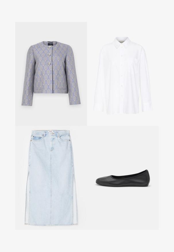 Giacca corta di un leggero lavanda con un motivo floreale dorato. Presenta un colletto rotondo, quattro bottoni metallici e due tasche frontali.; Camicia bianca a maniche lunghe con colletto in cotone. Caratterizzata da una chiusura con bottoni e una tasca sul petto singola. Tessuto liscio, vestibilità comoda.; Gonna maxi in denim azzurro chiaro con taglio dritto, dotata di spacchi laterali e design a cinque tasche. Cuciture in evidenza e chiusura con bottone in metallo.; Pantofole da balletto nere in pelle con punta arrotondata, texture liscia, dettagli di cucitura minimi e design con suola flessibile.