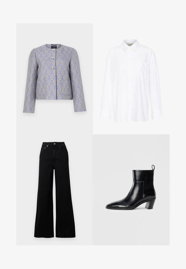 Gekürzte Jacke in hellem Lavendel mit einem goldenen Blumenmuster. Verfügt über einen runden Halsausschnitt, vier metallische Knöpfe und zwei Vordertaschen.; Weißes Langarmhemd mit Kragen aus Baumwolle. Verfügt über eine durchgehende Knopfleiste und eine Brusttasche. Glatte Textur, lockere Passform.; Schwarze Jeans mit weitem Bein, gefertigt aus Denim, mit hoher Taille, fünf Taschen, vorderer Knopfverschluss und minimalen Nahtdetails.; Schwarze Leder-Ankleboots mit spitzem Zeh, geometrischem Blockabsatz und einem Zugband hinten. Glatte Textur und elegantes Design.