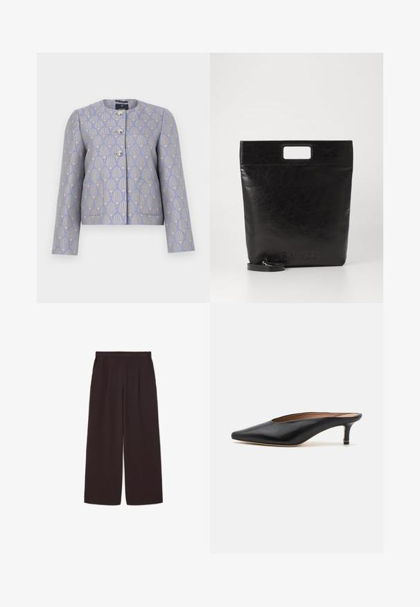 Gekort jasje in licht lavendel met een gouden bloemenpatroon. Heeft een ronde halslijn, vier metalen knopen en twee zakken aan de voorkant.; Witte lange mouwen overhemd met kraag van katoen. Voorzien van een knoopsluiting aan de voorkant en een enkele borstzak. Een gladde textuur en een ontspannen pasvorm.; Donkerbruin brede broek van lichtgewicht stof, met een hoge taille, plooien en twee zijzakken, voorzien van een elastische tailleband.; Zwarte leren muiltjes met een puntige neus en een lage, blokhak. Glad oppervlak met een gestroomlijnd ontwerp. Open achterkant met minimale details.; Zwarte leren draagtas met een vierkant handvat, met een gestructureerde afwerking en een reliëflogo. Inclusief een afneembare schouderband.
