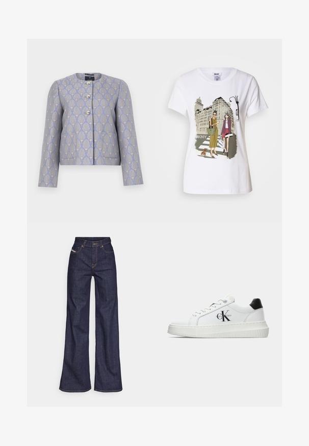 Cropped jacket in light lavender with a gold floral pattern. Features a round neckline, four metallic buttons, and two front pockets.; White cotton T-shirt featuring a printed illustration of two women in urban fashion styles with a dog on a crosswalk and city buildings.; Dark blue wide-leg jeans in denim fabric with a high waist, featuring orange stitching, five-pocket design, and a button closure.; White low-top sneaker with black heel tab, platform sole, laces, and Calvin Klein "CK" logo on the side.