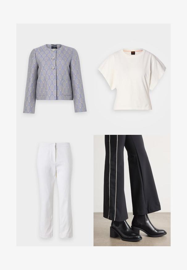 Gekürzte Jacke in hellem Lavendel mit einem goldenen Blumenmuster. Verfügt über einen runden Halsausschnitt, vier metallische Knöpfe und zwei Vordertaschen.; Weißes, kurzes T-Shirt, kurze weite Ärmel, weicher Baumwollstoff, runder Ausschnitt mit subtilen orangefarbenen Akzenten, minimales Design, keine Muster oder Grafiken.; Weiße Baumwollhose mit geradem Bein, mittelhoher Taille und ohne sichtbare Beschläge oder Muster. Glatte Textur auf der gesamten Fläche.; Schwarze Lederstiefeletten mit einem Blockabsatz, ausgestattet mit elastischen seitlichen Einsätzen. Kombiniert mit schwarzen Hosen, die einen weißen Seitenstreifen haben.