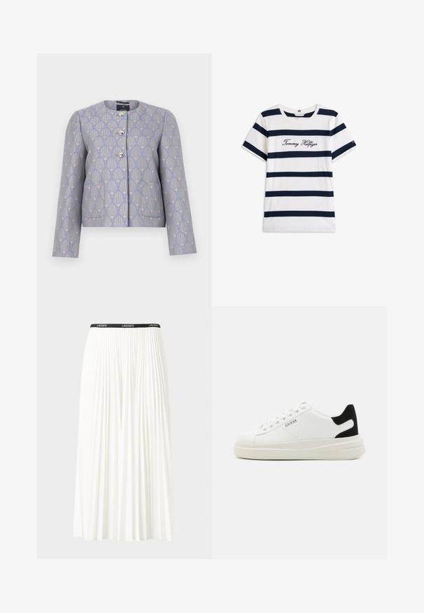 Gekort jasje in licht lavendel met een gouden bloemenpatroon. Heeft een ronde halslijn, vier metalen knopen en twee zakken aan de voorkant.; Katoenen T-shirt met horizontale marineblauwe strepen op een witte achtergrond. "Tommy Hilfiger" geborduurd in cursieve letters op de borst. Ronde hals.; Plisséminirok in het wit met een zwarte elastische tailleband met het "LACOSTE"-logo. Middellange ontwerp met een zachte textuur.; Witte leren sneakers met een dikke witte zool, zwarte suède hielaccent en een geperst logo op de zijkant. Vetersluiting met zes oogjes.