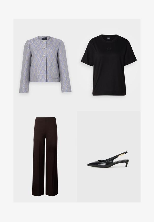 Cropped jacket in light lavender with a gold floral pattern. Features a round neckline, four metallic buttons, and two front pockets.; Black cotton t-shirt with a crew neckline, short sleeves, and an embroidered logo on the chest. Simple, relaxed fit with no patterns.; Black wide-leg trousers with an elastic waistband, made from a smooth, stretchable fabric. Features a clean design without patterns.; Black leather slingback heels with a pointed toe, featuring a slim heel and a gold-tone accent on the adjustable strap. Smooth texture.