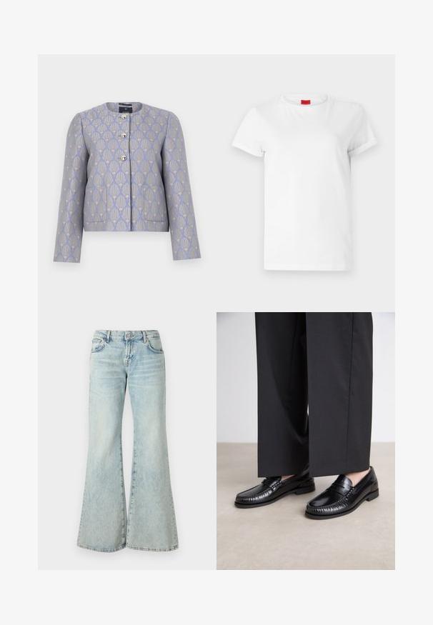 Giacca corta di un leggero lavanda con un motivo floreale dorato. Presenta un colletto rotondo, quattro bottoni metallici e due tasche frontali.; T-shirt bianco a maniche corte realizzato in cotone leggero. Presenta un collo rotondo e maniche arrotolate. Etichetta rossa con logo sul colletto.; Jeans a palazzo di colore blu chiaro realizzati in denim, con vita alta, tasche e orli sfilacciati. Il tessuto presenta un lavaggio sbiadito e una texture sottile.; Mocassini in pelle nera con una finitura liscia, dettagli cuciti attorno alla punta e suola in gomma bassa. Abbinati a pantaloni neri larghi.